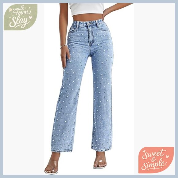 Denim - High Waisted Wide Leg Jeans Pearls Beaded Casual Denim Pants Regular Fit